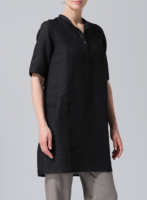 Linen A-line Tunic With Double-layer Collar