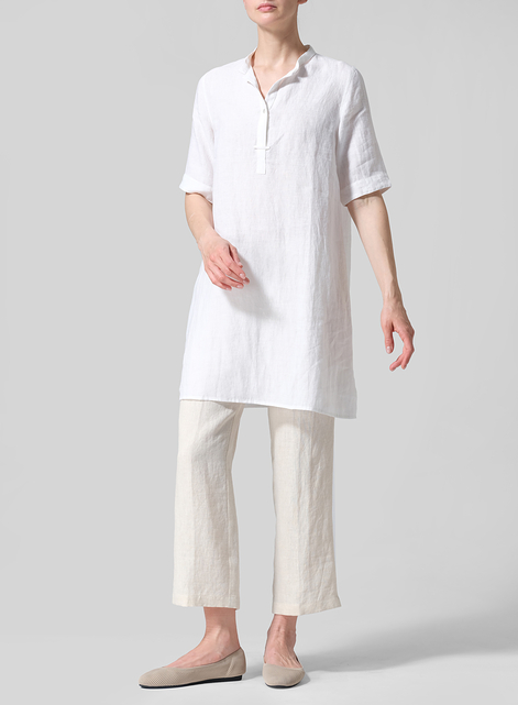 Linen A-line Tunic With Double-layer Collar