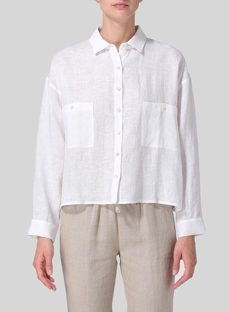 Linen Sloped Shoulder Wide Boxes with Collar Cropped Shirt