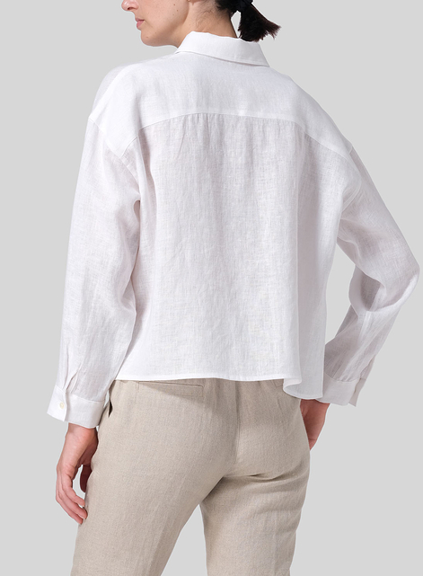 Linen Sloped Shoulder Wide Boxes with Collar Cropped Shirt