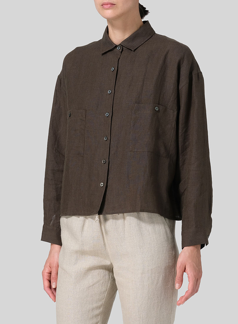 Linen Sloped Shoulder Wide Boxes with Collar Cropped Shirt