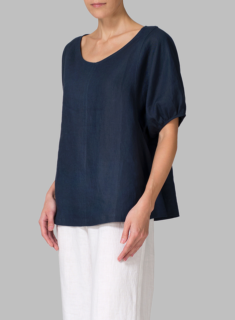 Linen Drawstring Cuffs Short Sleeve Top