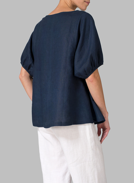 Linen Drawstring Cuffs Short Sleeve Top