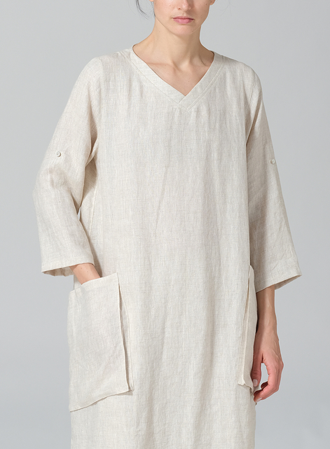 Linen A-shape Patch Pockets Tunic Dress