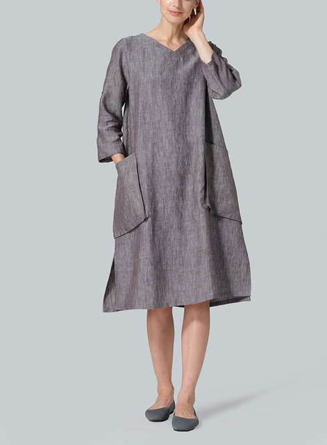 Linen A-shape Patch Pockets Tunic Dress