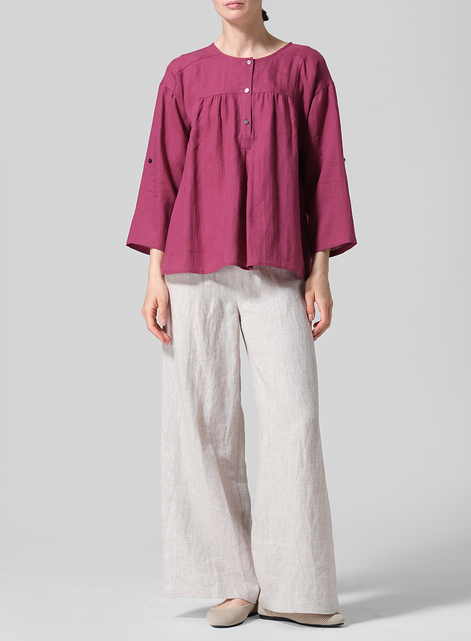 Linen Loose Fit Roll-Tab Sleeve Pleated Blouse
