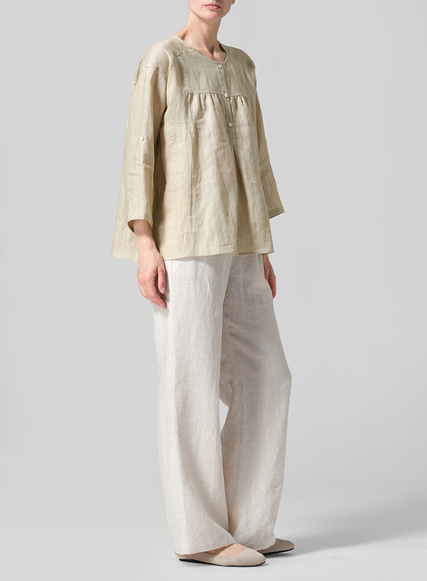 Linen Loose Fit Roll-Tab Sleeve Pleated Blouse