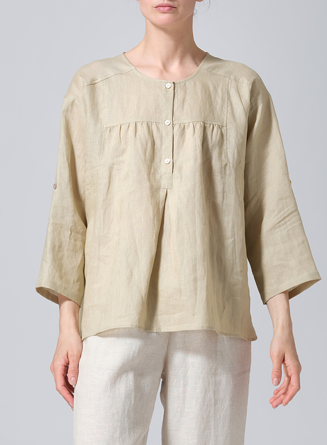 Linen Loose Fit Roll-Tab Sleeve Pleated Blouse