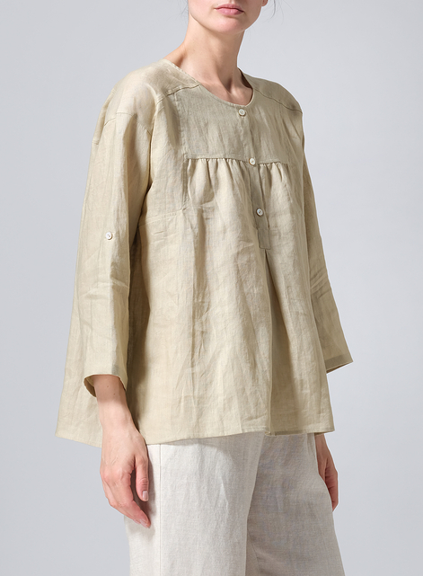 Linen Loose Fit Roll-Tab Sleeve Pleated Blouse