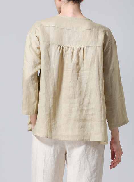 Linen Loose Fit Roll-Tab Sleeve Pleated Blouse