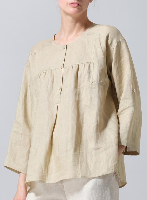 Linen Loose Fit Roll-Tab Sleeve Pleated Blouse