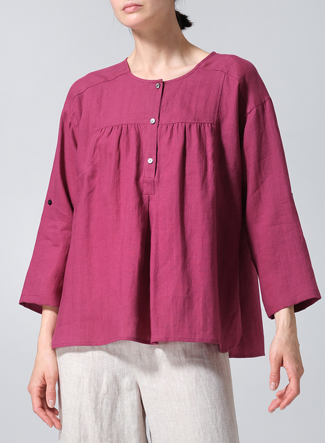 Linen Loose Fit Roll-Tab Sleeve Pleated Blouse
