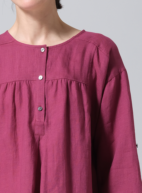 Linen Loose Fit Roll-Tab Sleeve Pleated Blouse
