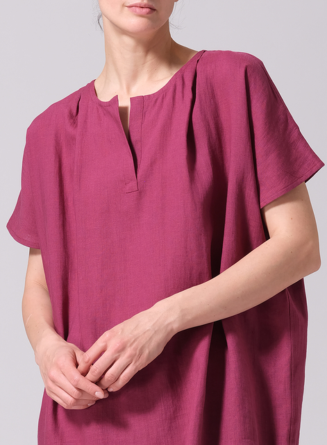 Linen Straight Cut V-neck Pleated Tunic
