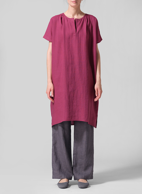 Linen Straight Cut V-neck Pleated Tunic
