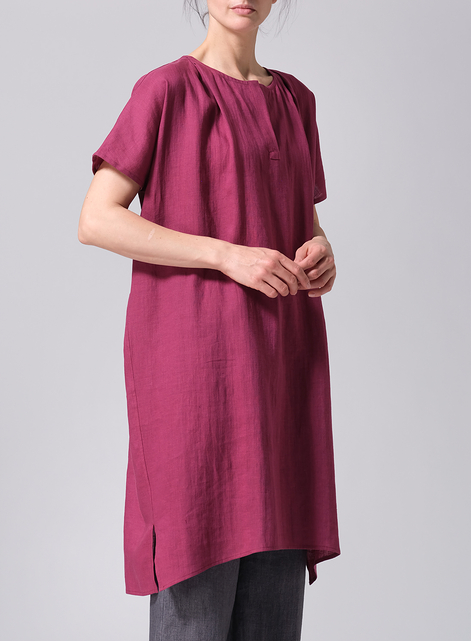 Linen Straight Cut V-neck Pleated Tunic