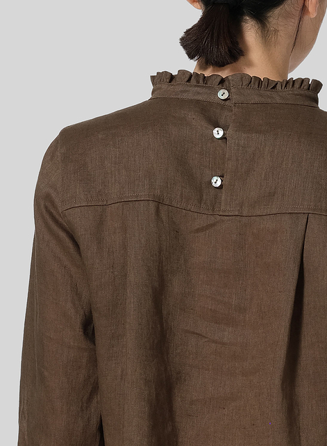 Linen Ruffle Stand Collar Cropped Blouse