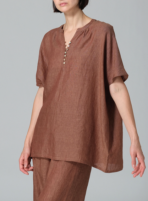 Linen V-neck Cape Sleeve Long Blouse