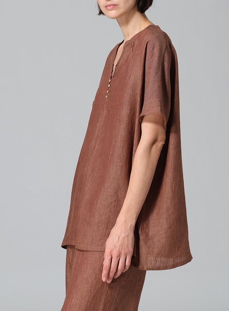 Linen V-neck Cape Sleeve Long Blouse