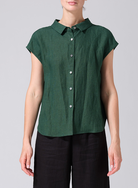 Linen Collared Neckline Cap Sleeves Top