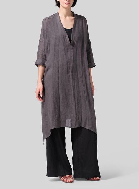 Woven Linen Roll Sleeve Deep V-neck Tunic