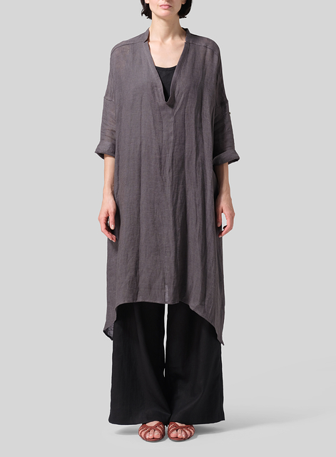 Woven Linen Roll Sleeve Deep V-neck Tunic