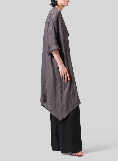 Woven Linen Roll Sleeve Deep V-neck Tunic
