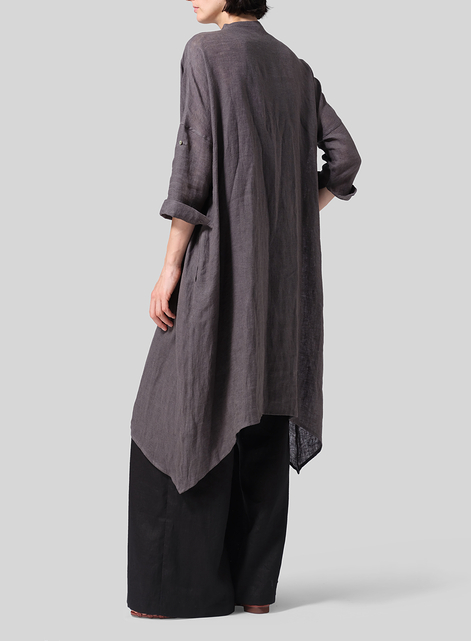 Woven Linen Roll Sleeve Deep V-neck Tunic
