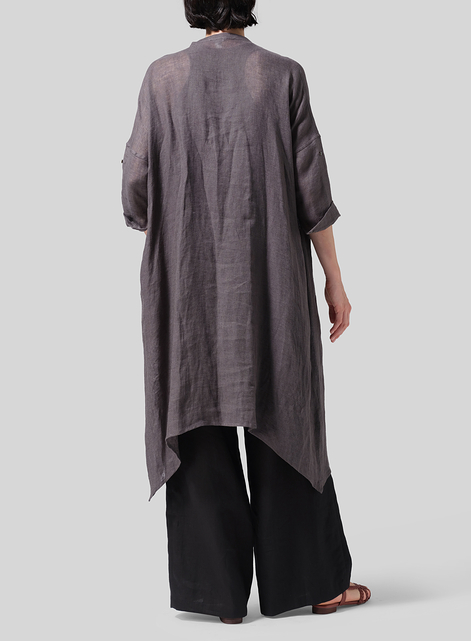 Woven Linen Roll Sleeve Deep V-neck Tunic