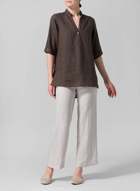 Linen V-Neck Three-quarter Sleeves Shirt