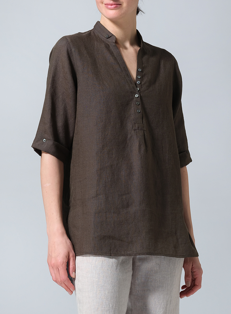 Linen V-Neck Three-quarter Sleeves Shirt