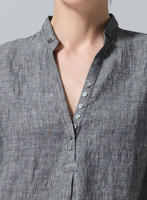 Linen V-Neck Three-quarter Sleeves Shirt