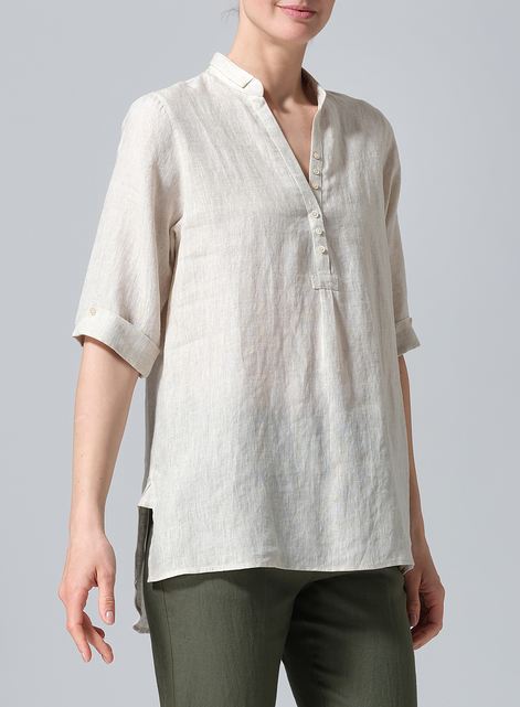 Linen V-Neck Three-quarter Sleeves Shirt