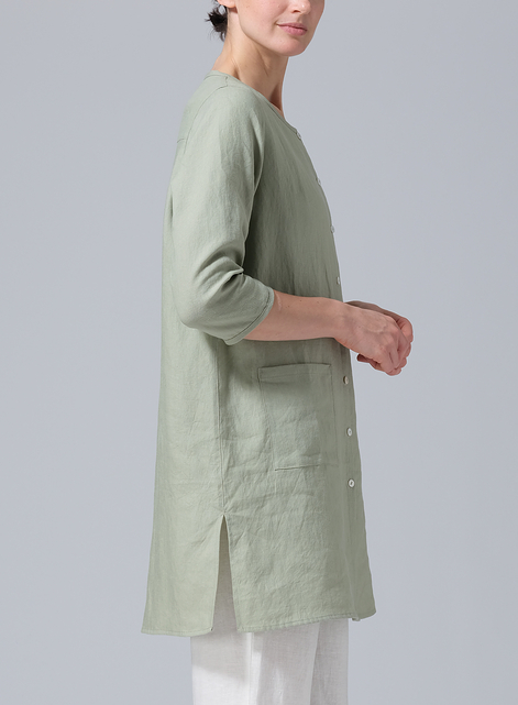 Linen Three-quarter Sleeve Button Front Top