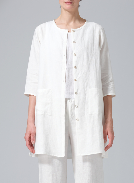 Linen Three-quarter Sleeve Button Front Top