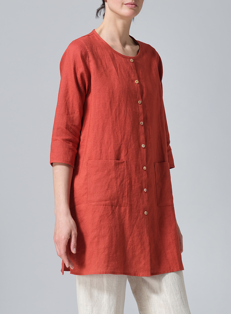 Linen Three-quarter Sleeve Button Front Top