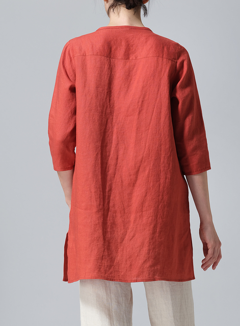 Linen Three-quarter Sleeve Button Front Top