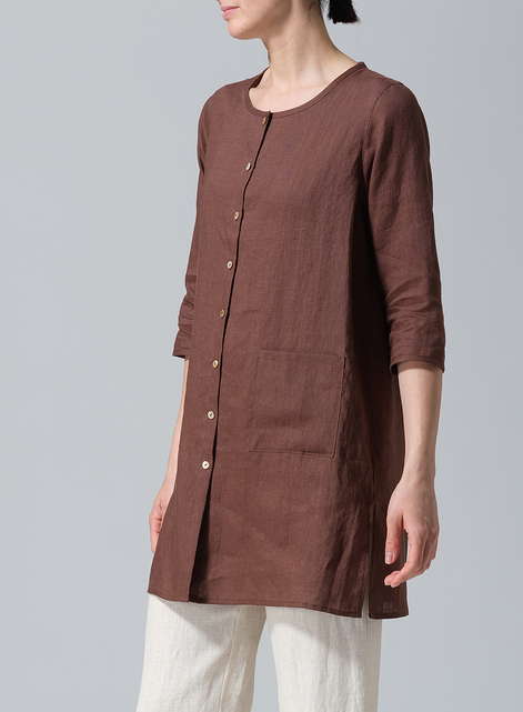 Linen Three-quarter Sleeve Button Front Top