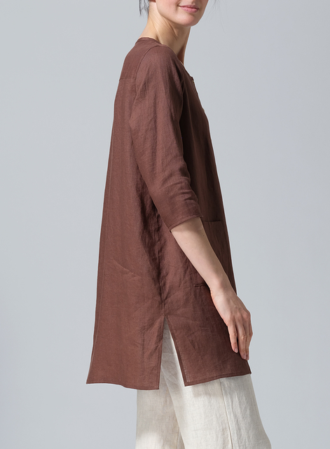 Linen Three-quarter Sleeve Button Front Top