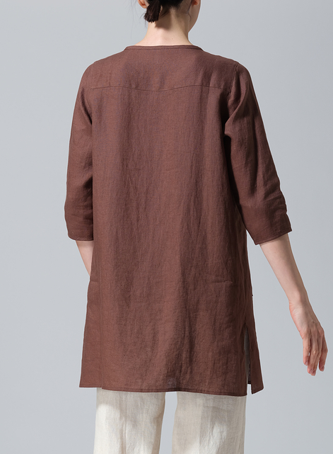 Linen Three-quarter Sleeve Button Front Top