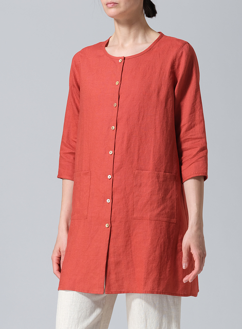 Linen Three-quarter Sleeve Button Front Top