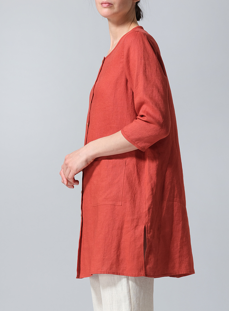 Linen Three-quarter Sleeve Button Front Top