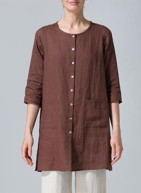 Linen Three-quarter Sleeve Button Front Top