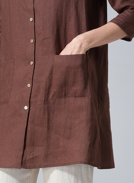 Linen Three-quarter Sleeve Button Front Top