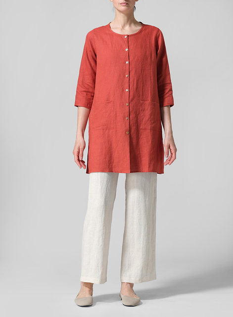 Linen Three-quarter Sleeve Button Front Top