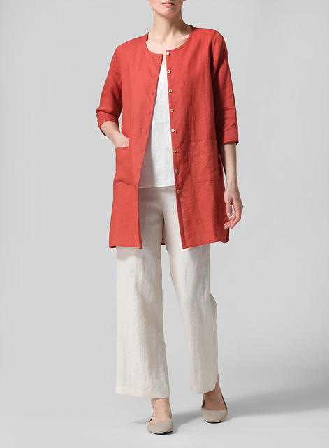 Linen Three-quarter Sleeve Button Front Top