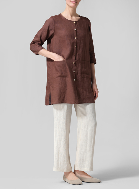 Linen Three-quarter Sleeve Button Front Top