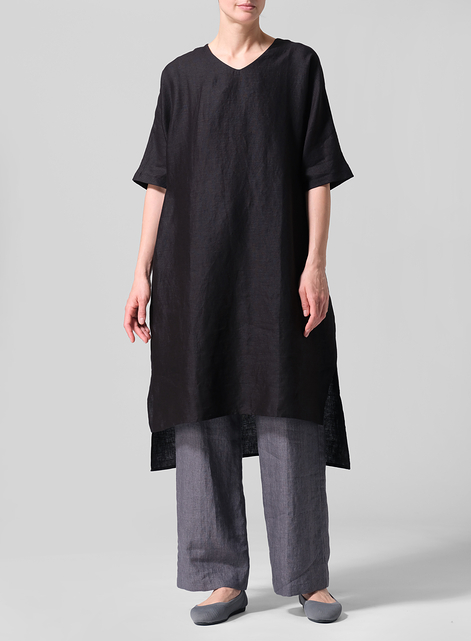 Linen Drawstring Half Sleeve Tunic Dress