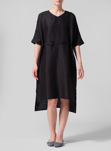 Linen Drawstring Half Sleeve Tunic Dress