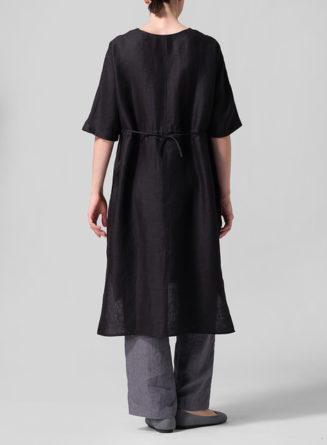 Linen Drawstring Half Sleeve Tunic Dress